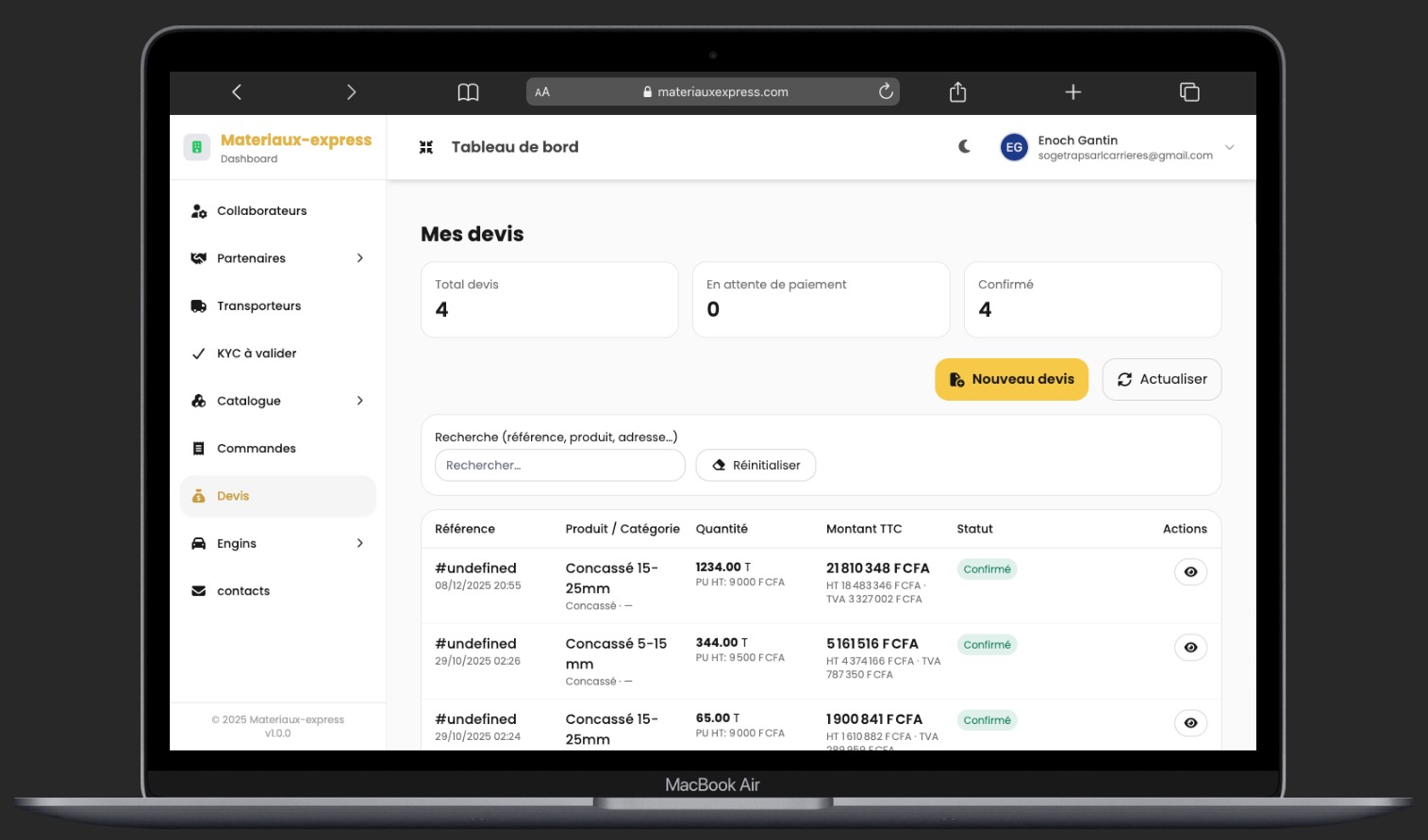 Tableau de bord - liste des devis